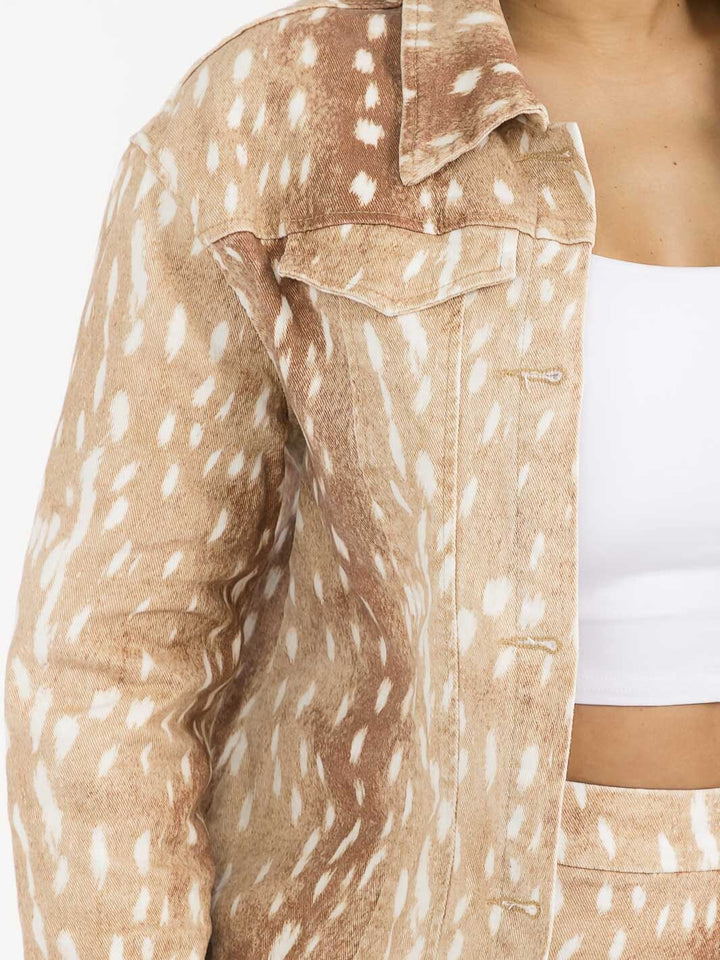 WOMEN'S LONG SLEEVE JACKET & BUTTON CLOSURE MINI SKIRT STRETCH DENIM PRINT 2PC. SET