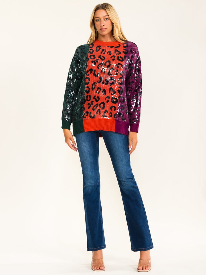 WOMEN'S LONG SLEEVE COLORBLOCK ANIMAL PRINT SEQUINS PULLOVER SWEATER