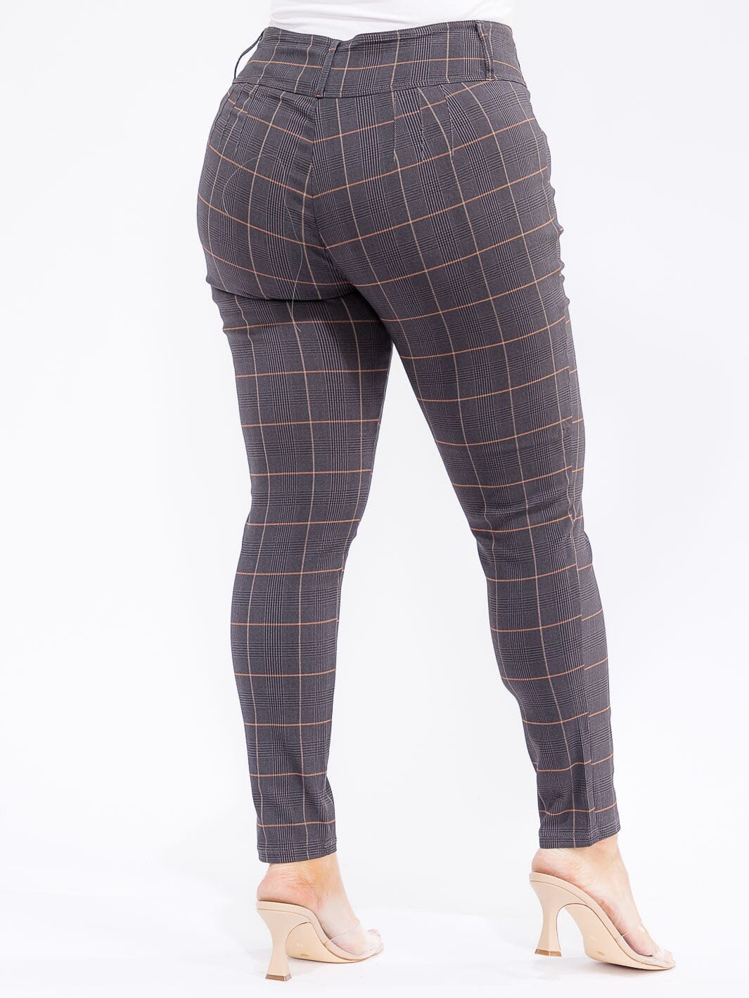 PLUS SIZE BUTTON CLOSURE PLAID SKINNY LEG PANTS