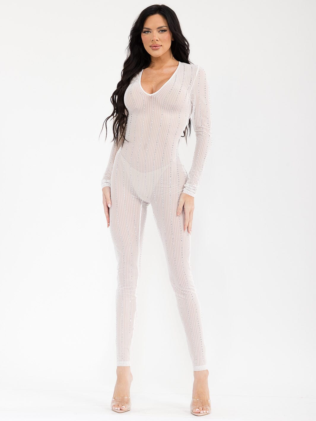 WOMEN'S LONG SLEEVE V-NECK STUDS DETAILED MESH JUMPSUIT