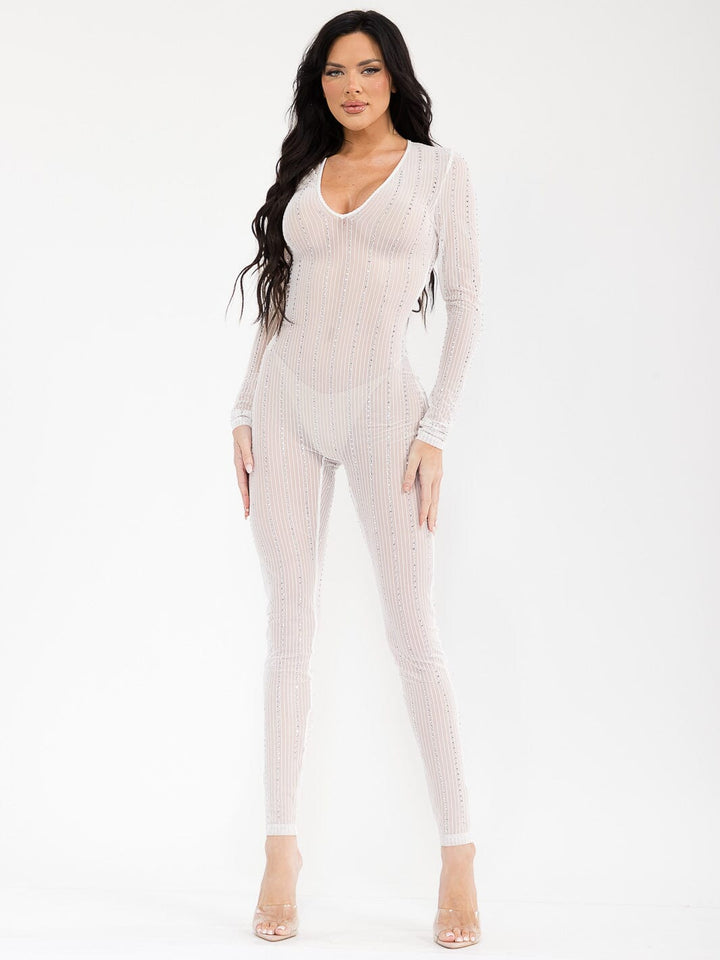 WOMEN'S LONG SLEEVE V-NECK STUDS DETAILED MESH JUMPSUIT