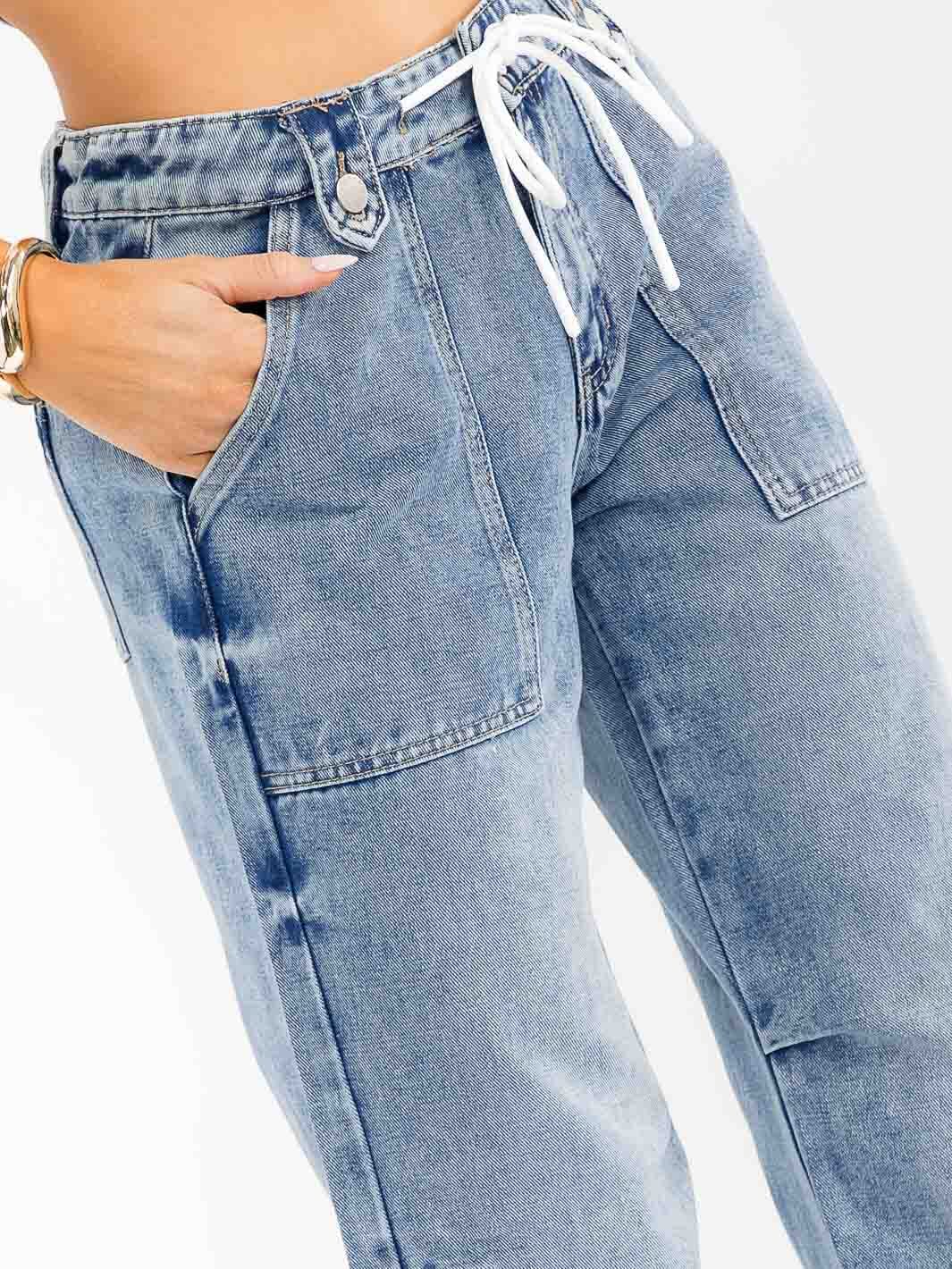 WOMEN'S BUTTON CLOSURE SELF TIE POCKETS WASHED DENIM WIDE LEG PANTS