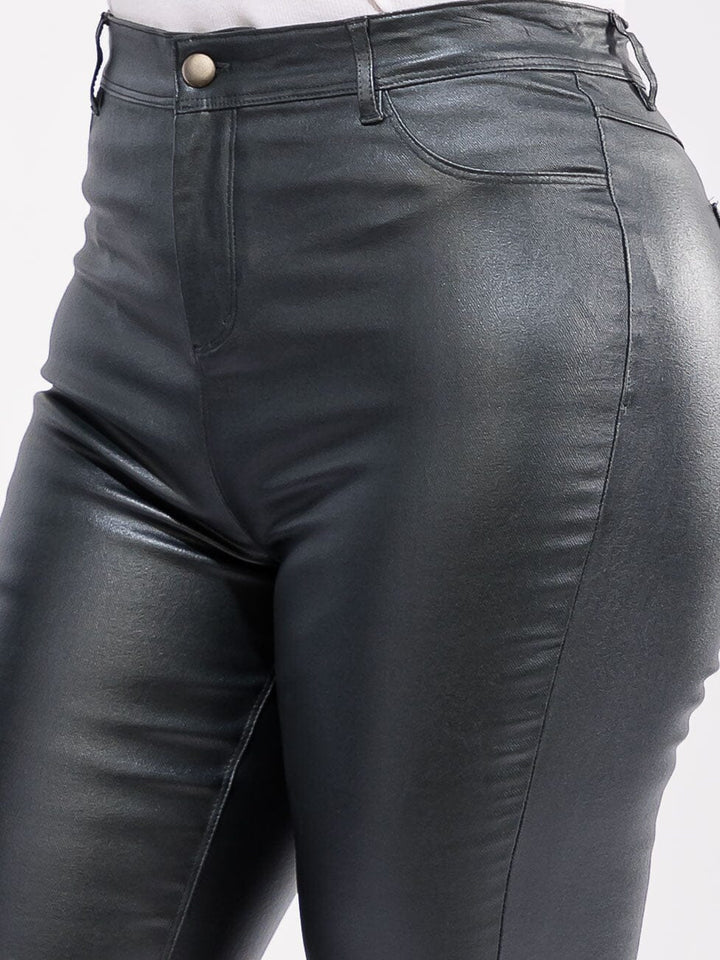PLUS SIZE BUTTON CLOSURE BACK POCKETS SKINNY LEG PU PLEATHER PANTS