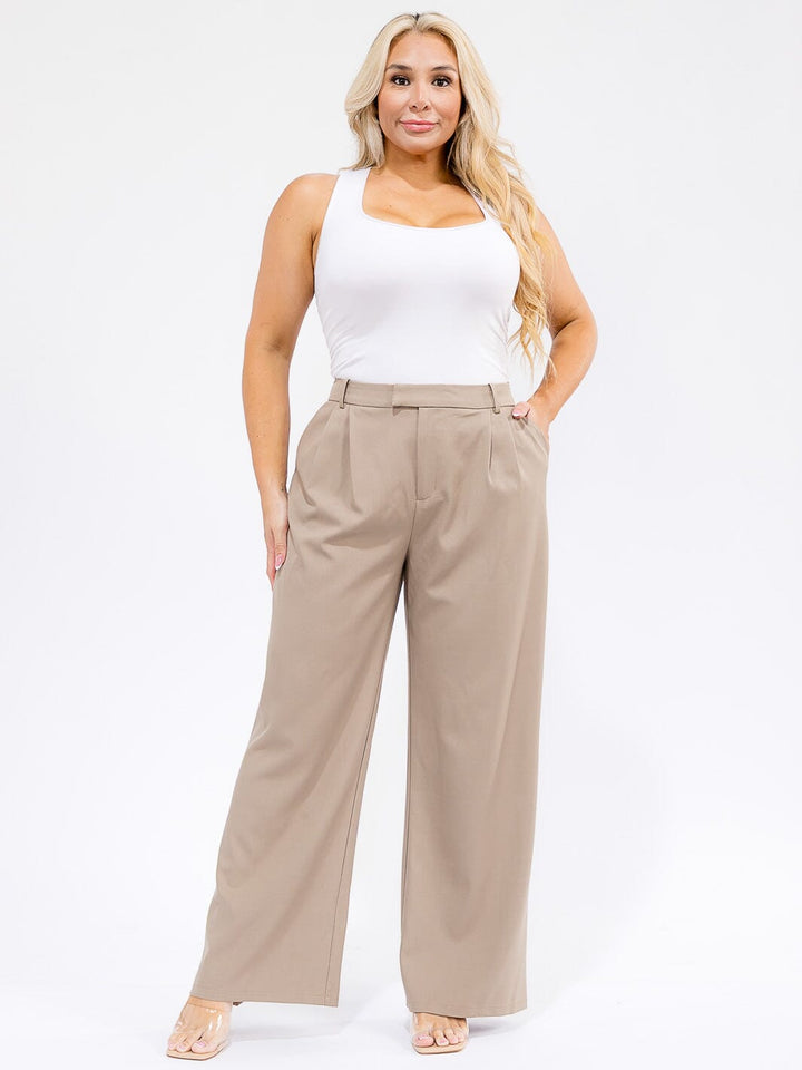 PLUS SIZE BUTTON CLOSURE POCKETS WIDE LEG PANTS