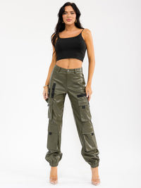 WOMEN'S BUTTON CLOSURE CARGO POCKETS PU PLEATHER JOGGER PANTS