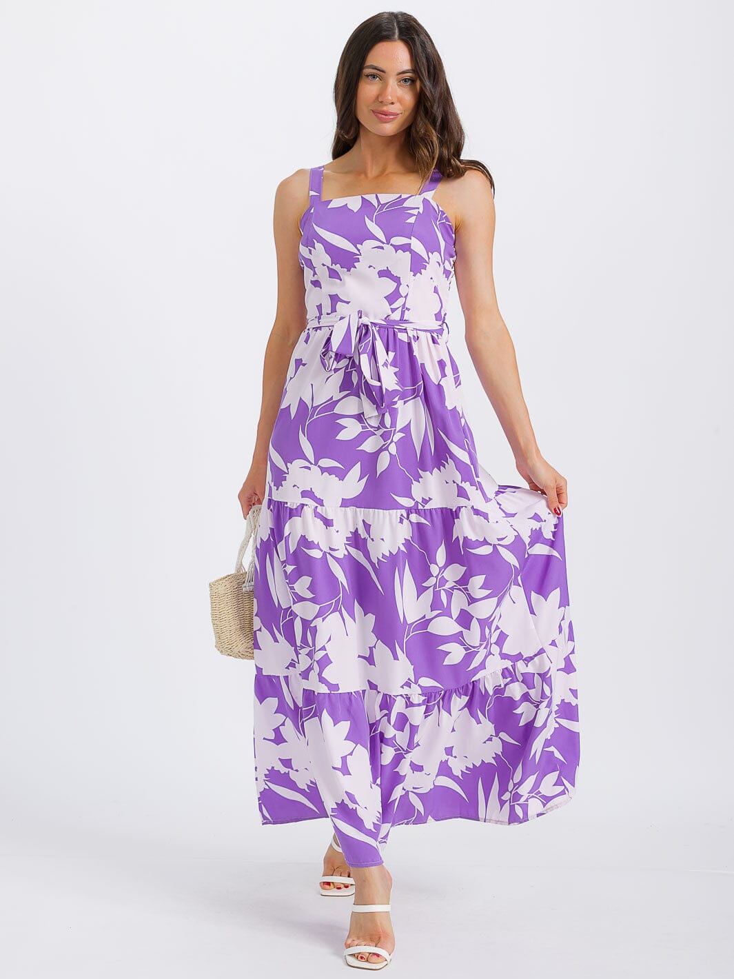 WOMEN'S SLEEVELESS SMOCK SELF TIE PRINT TIERED MAXI DRESS