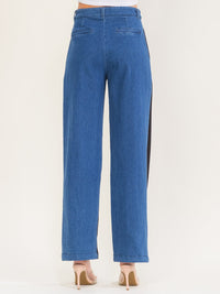WOMEN'S BUTTON CLOSURE POCKETS STRAIGHT LEG DENIM CONTRAST PANTS