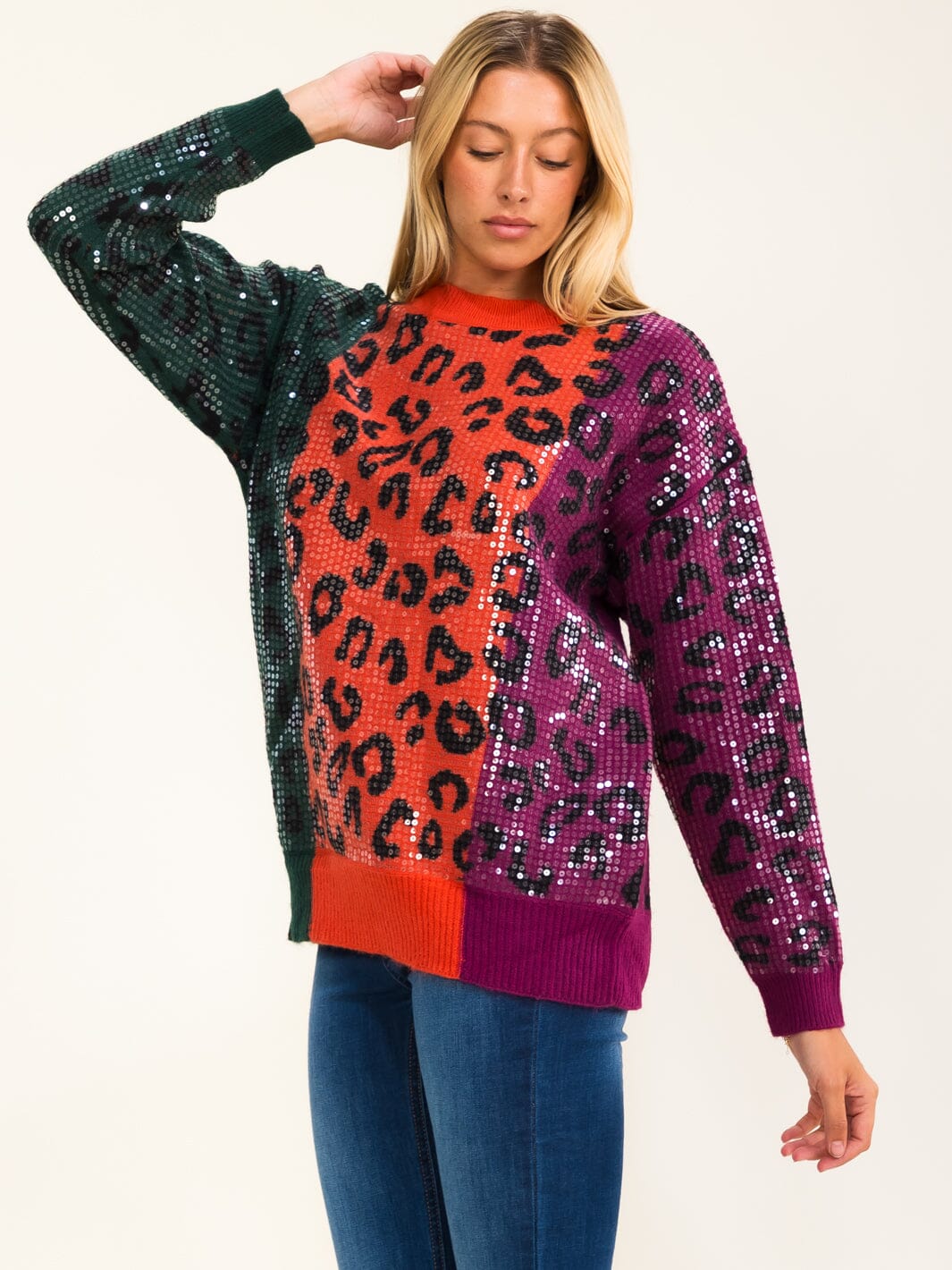 WOMEN'S LONG SLEEVE COLORBLOCK ANIMAL PRINT SEQUINS PULLOVER SWEATER