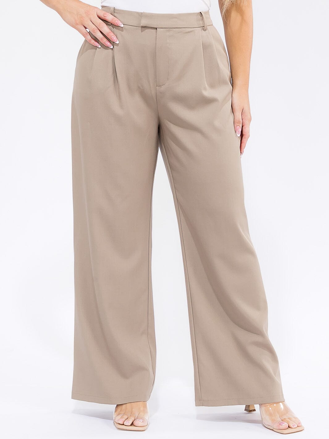 PLUS SIZE BUTTON CLOSURE POCKETS WIDE LEG PANTS