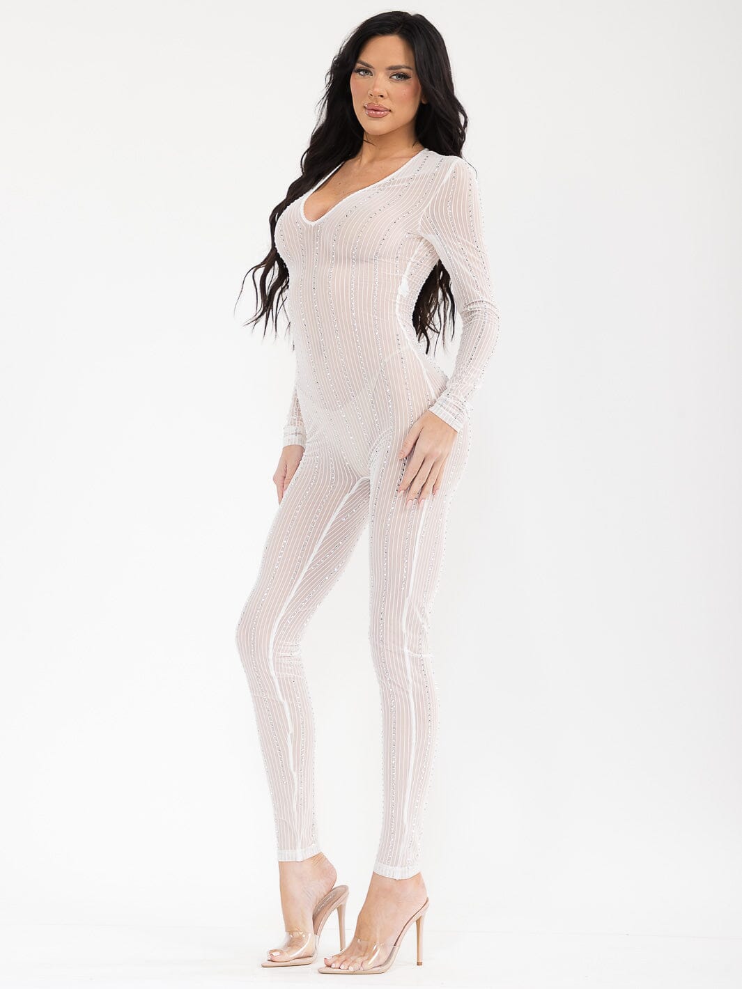 WOMEN'S LONG SLEEVE V-NECK STUDS DETAILED MESH JUMPSUIT