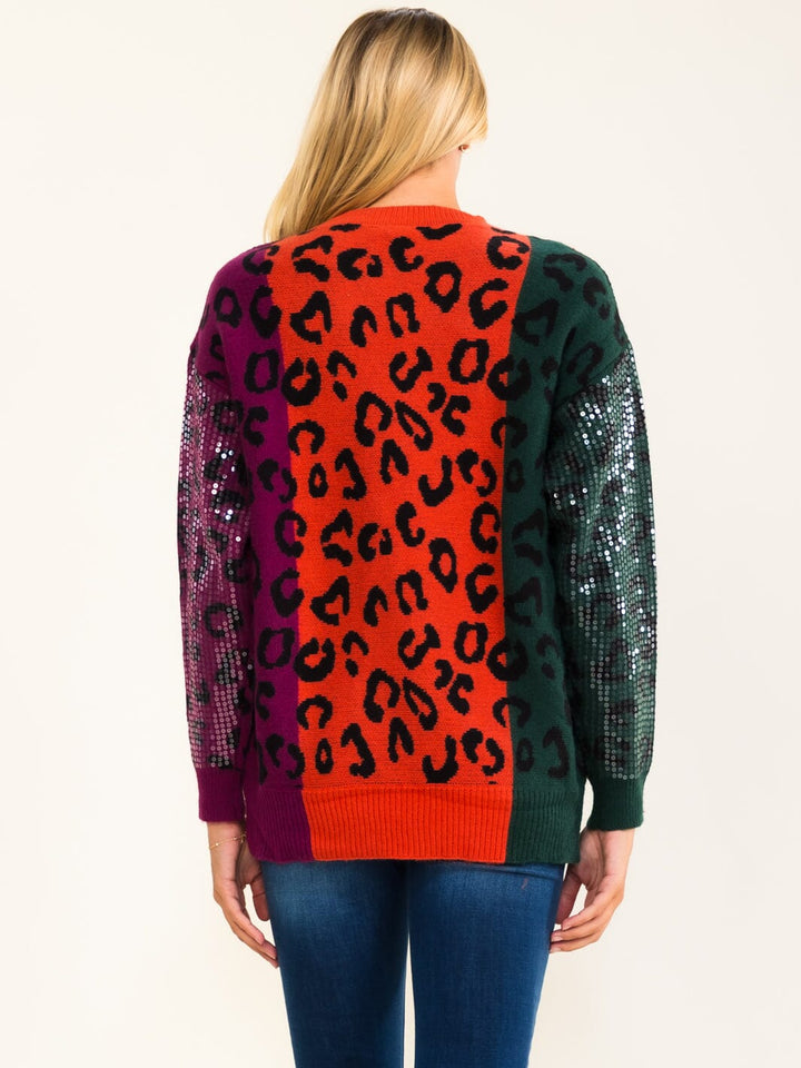 WOMEN'S LONG SLEEVE COLORBLOCK ANIMAL PRINT SEQUINS PULLOVER SWEATER