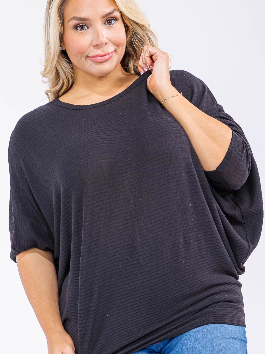 PLUS SIZE LONG SLEEVE RIBBED LOOSE FIT TOP