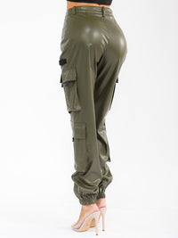 WOMEN'S BUTTON CLOSURE CARGO POCKETS PU PLEATHER JOGGER PANTS