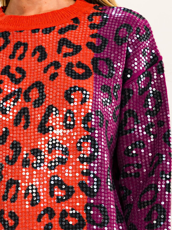 WOMEN'S LONG SLEEVE COLORBLOCK ANIMAL PRINT SEQUINS PULLOVER SWEATER