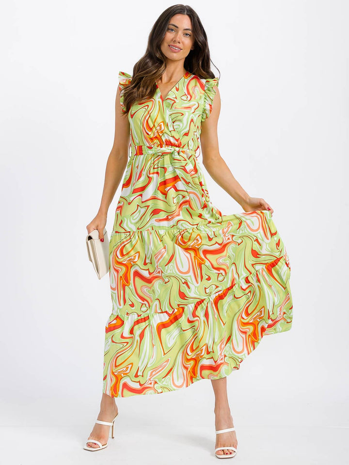 WOMEN'S RUFFLE SLEEVE SURPLICE ELASTIC WAIST PRINT MAXI DRESS