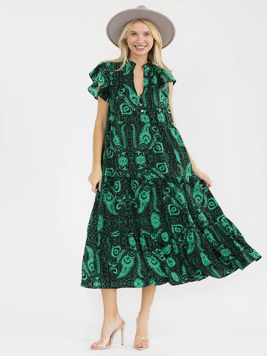 WOMEN'S SHORT RUFFLE SLEEVES V-NECK FRONT POCKETS MULTI PRINT MAXI DRESS