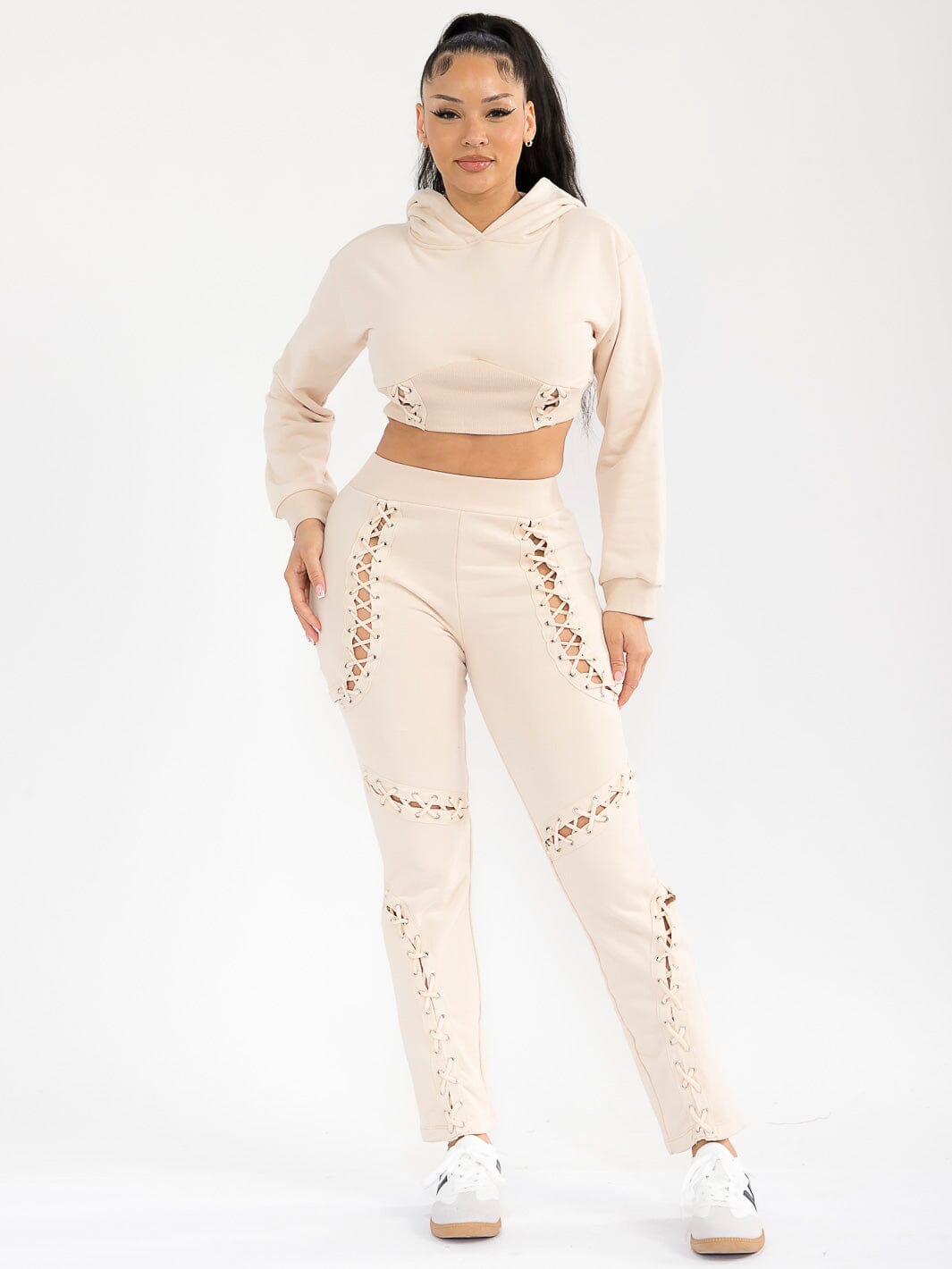 WOMEN'S LONG SLEEVE TOP & ELASTIC WAIST PANTS CUT OUT DETAILED 2PC. SET