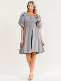 WOMEN'S SHORT PUFF SLEEVE FRONT POCKETS ELASTIC WAIST MINI DRESS