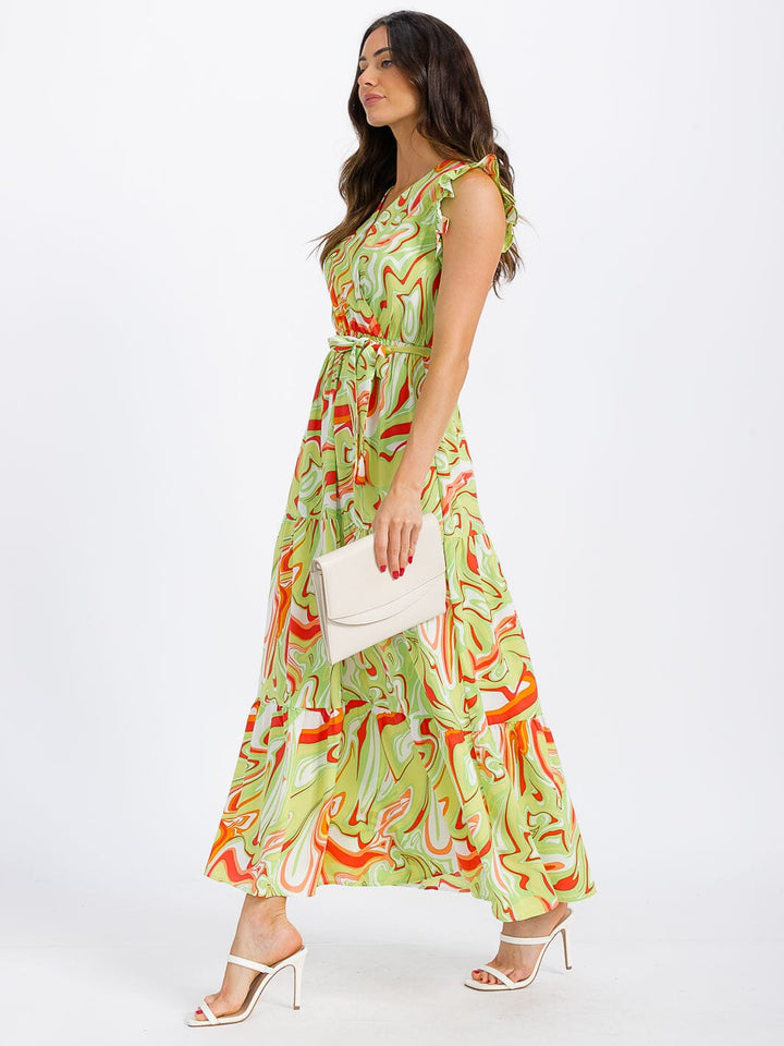 WOMEN'S RUFFLE SLEEVE SURPLICE ELASTIC WAIST PRINT MAXI DRESS