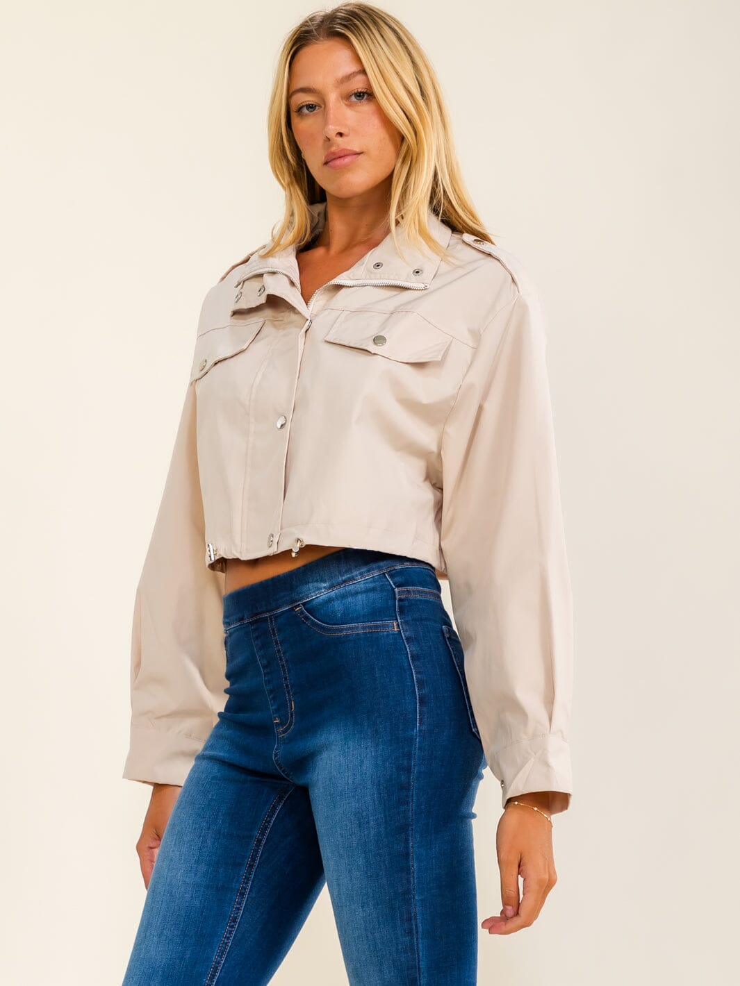 WOMEN'S LONG SLEEVE BUTTON UP CROP JACKET