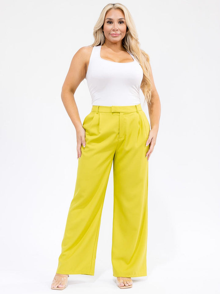 PLUS SIZE BUTTON CLOSURE POCKETS WIDE LEG PANTS