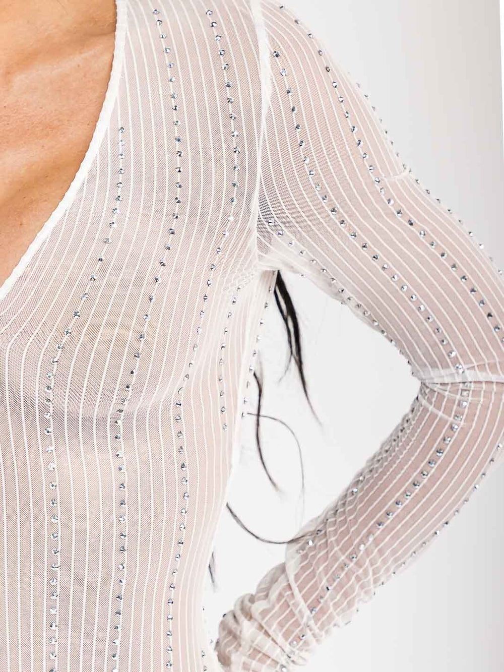 WOMEN'S LONG SLEEVE V-NECK STUDS DETAILED MESH JUMPSUIT