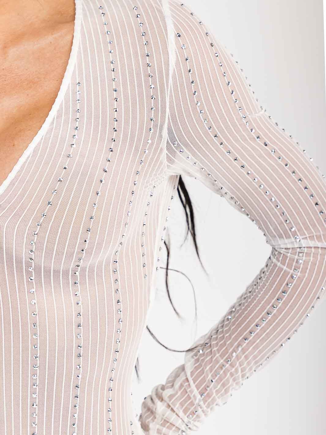 WOMEN'S LONG SLEEVE V-NECK STUDS DETAILED MESH JUMPSUIT