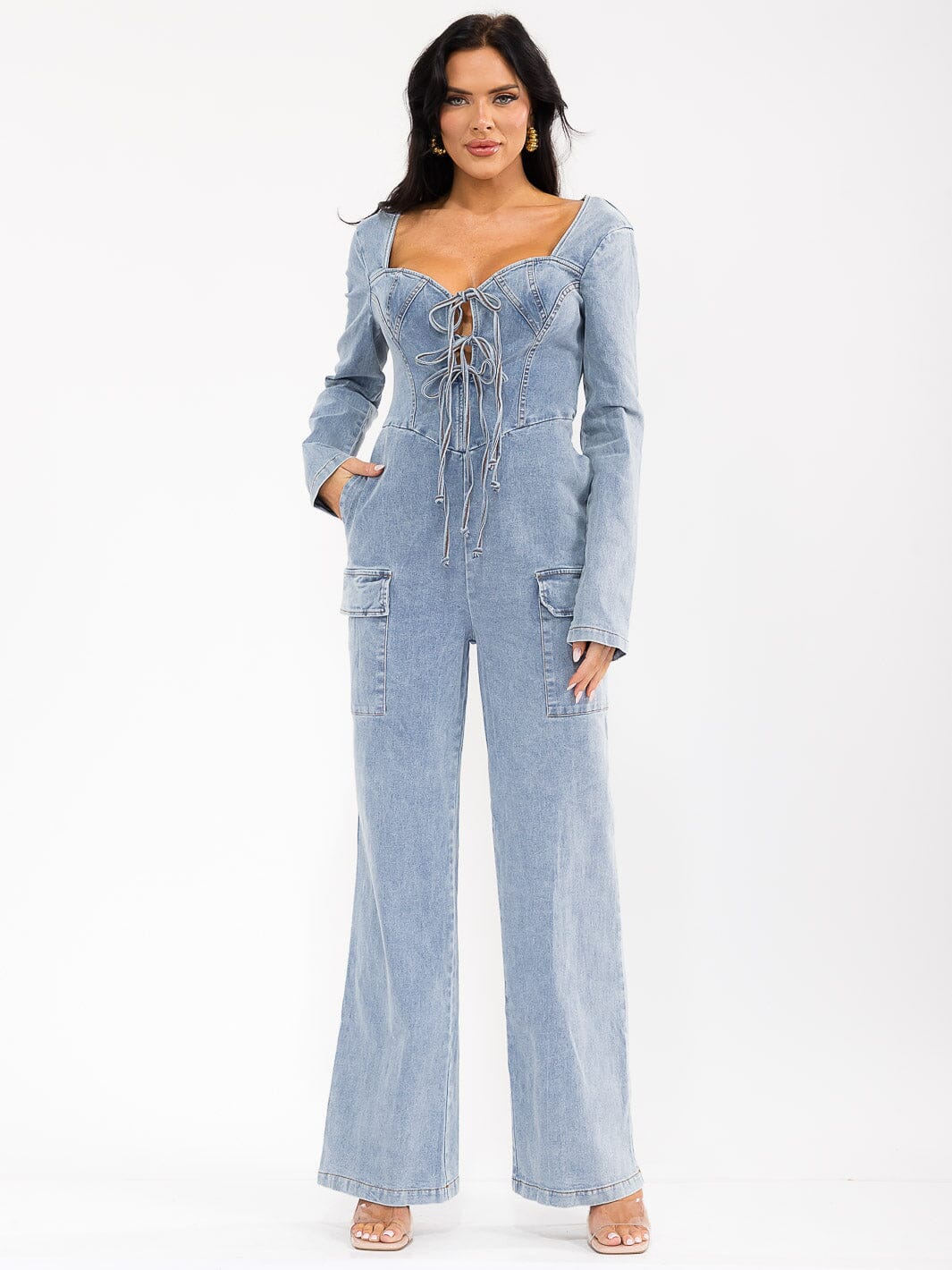 WOMEN'S LONG SLEEVE LACE UP POCKETS STRETCH DENIM WIDE LEG JUMPSUIT