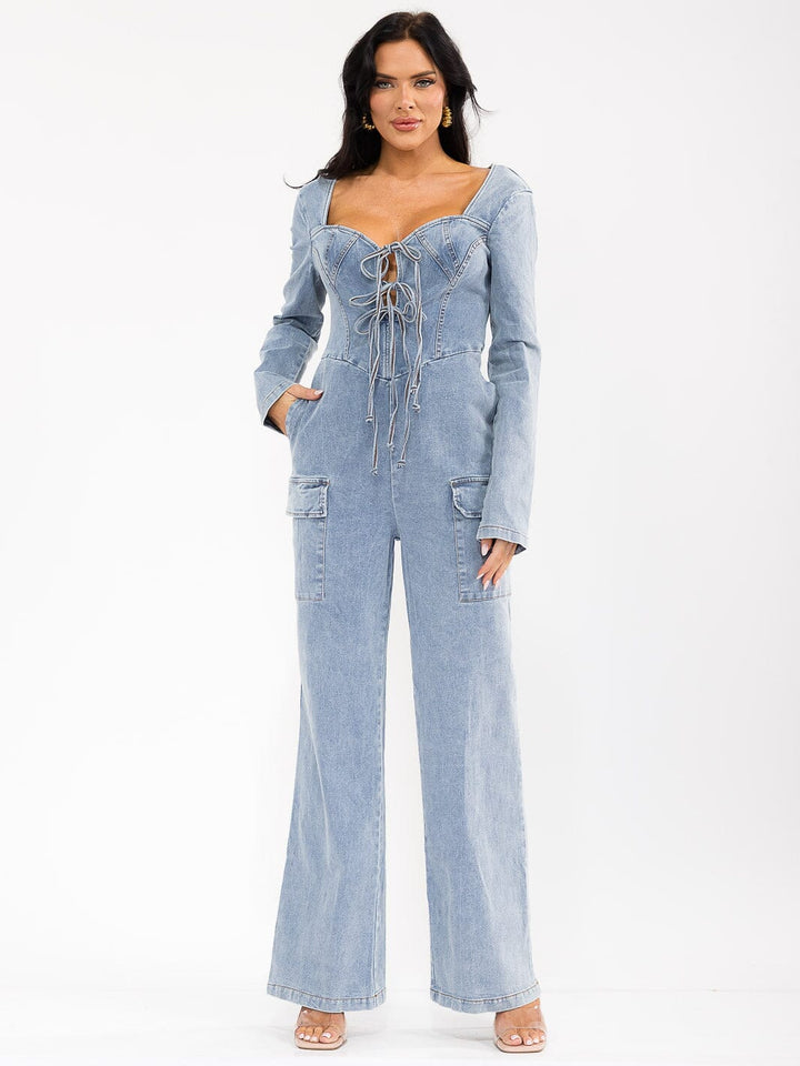 WOMEN'S LONG SLEEVE LACE UP POCKETS STRETCH DENIM WIDE LEG JUMPSUIT