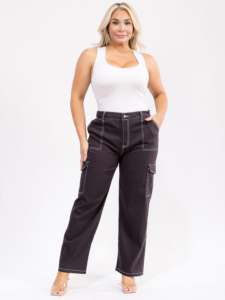 PLUS SIZE BUTTON CLOSURE CARGO POCKETS WIDE LEG PANTS