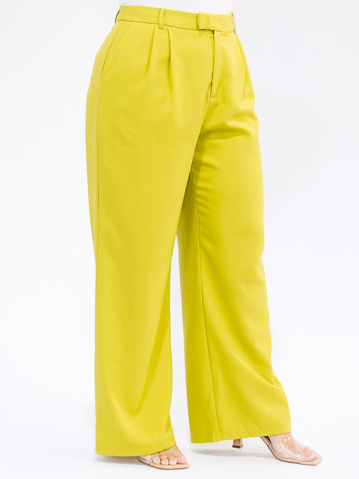 PLUS SIZE BUTTON CLOSURE POCKETS WIDE LEG PANTS