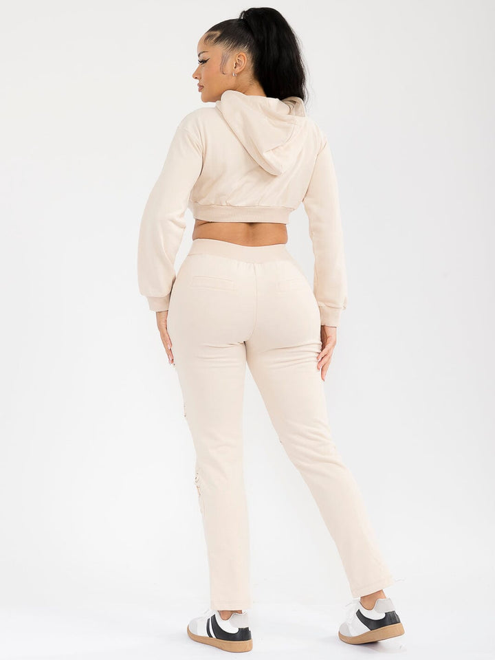 WOMEN'S LONG SLEEVE TOP & ELASTIC WAIST PANTS CUT OUT DETAILED 2PC. SET