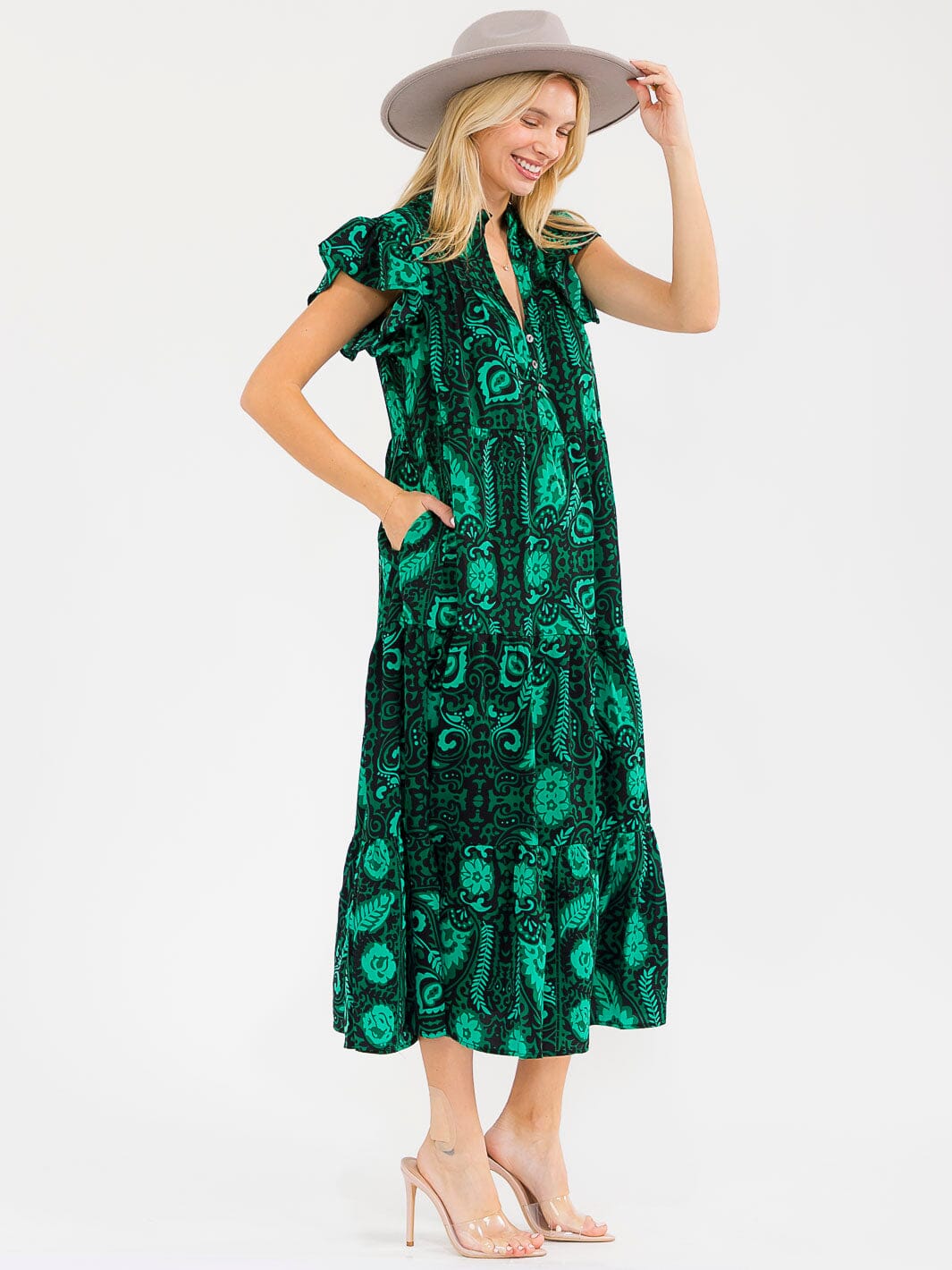 WOMEN'S SHORT RUFFLE SLEEVES V-NECK FRONT POCKETS MULTI PRINT MAXI DRESS