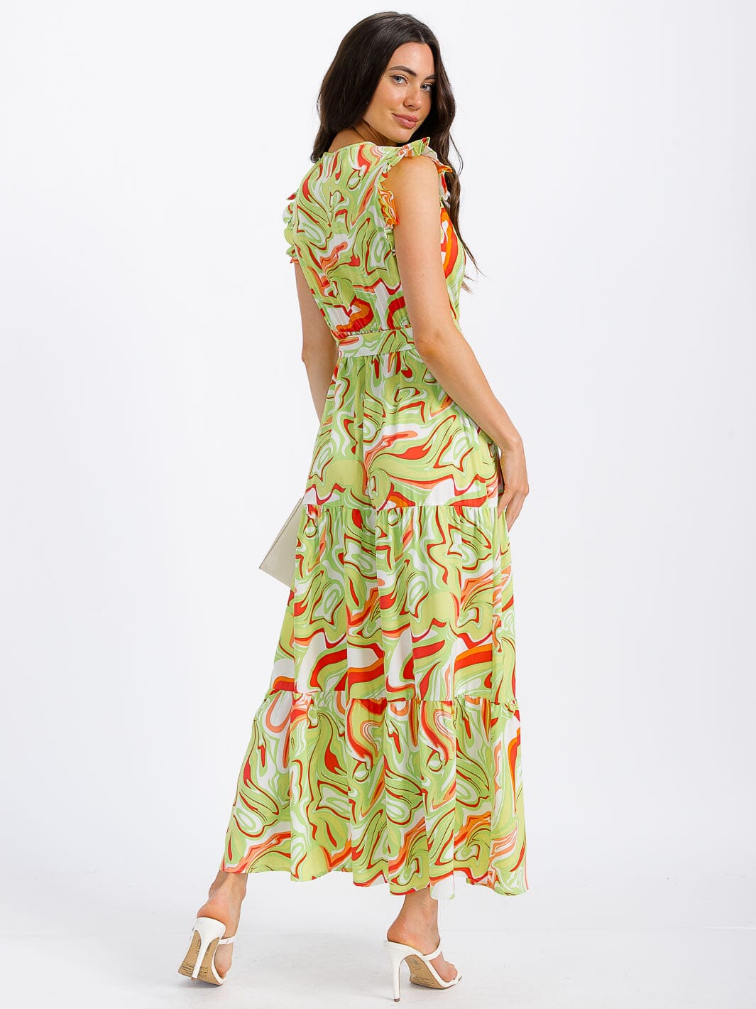 WOMEN'S RUFFLE SLEEVE SURPLICE ELASTIC WAIST PRINT MAXI DRESS