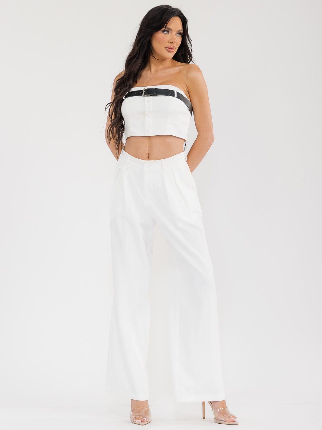 WOMEN'S SLEEVELESS CROP TOP & BUTTON CLOSURE PANTS BELTED SOLID 2PC. SET