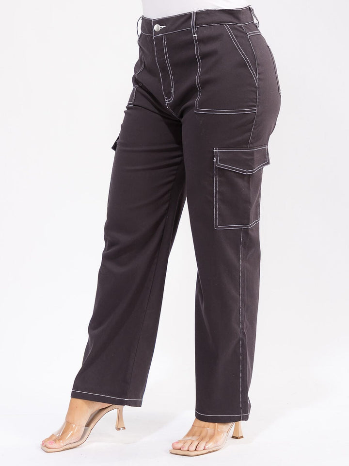 PLUS SIZE BUTTON CLOSURE CARGO POCKETS WIDE LEG PANTS
