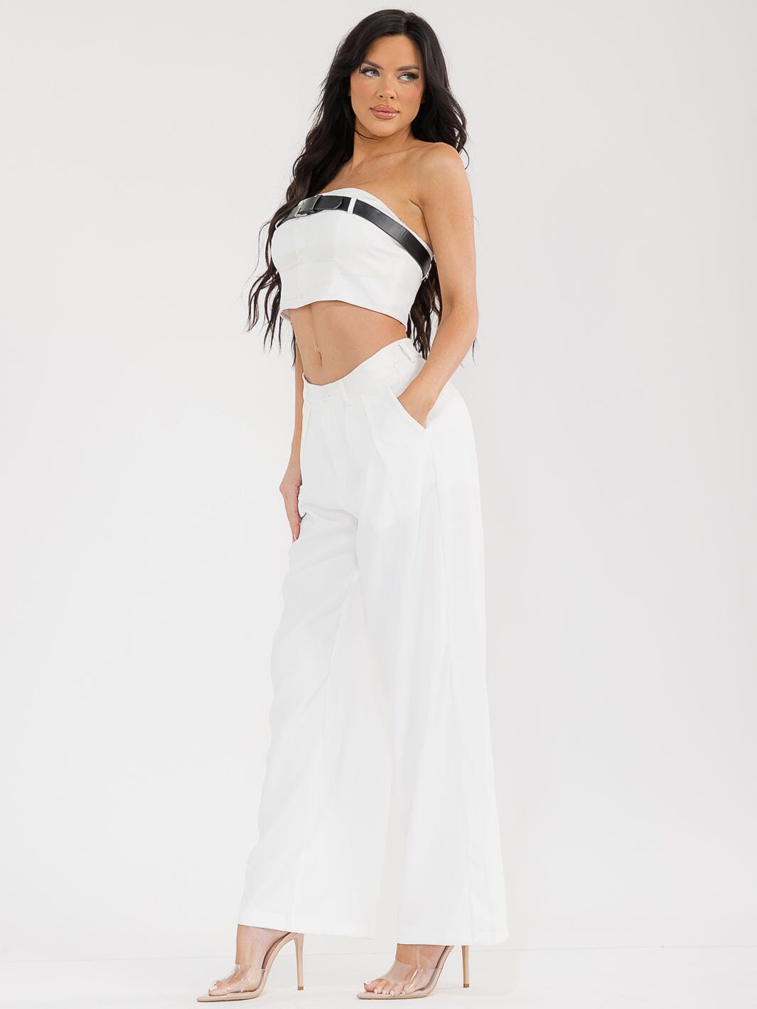 WOMEN'S SLEEVELESS CROP TOP & BUTTON CLOSURE PANTS BELTED SOLID 2PC. SET