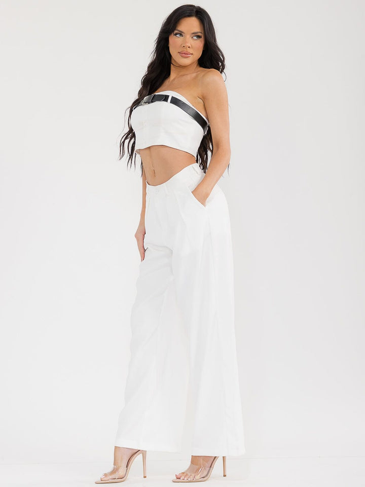 WOMEN'S SLEEVELESS CROP TOP & BUTTON CLOSURE PANTS BELTED SOLID 2PC. SET