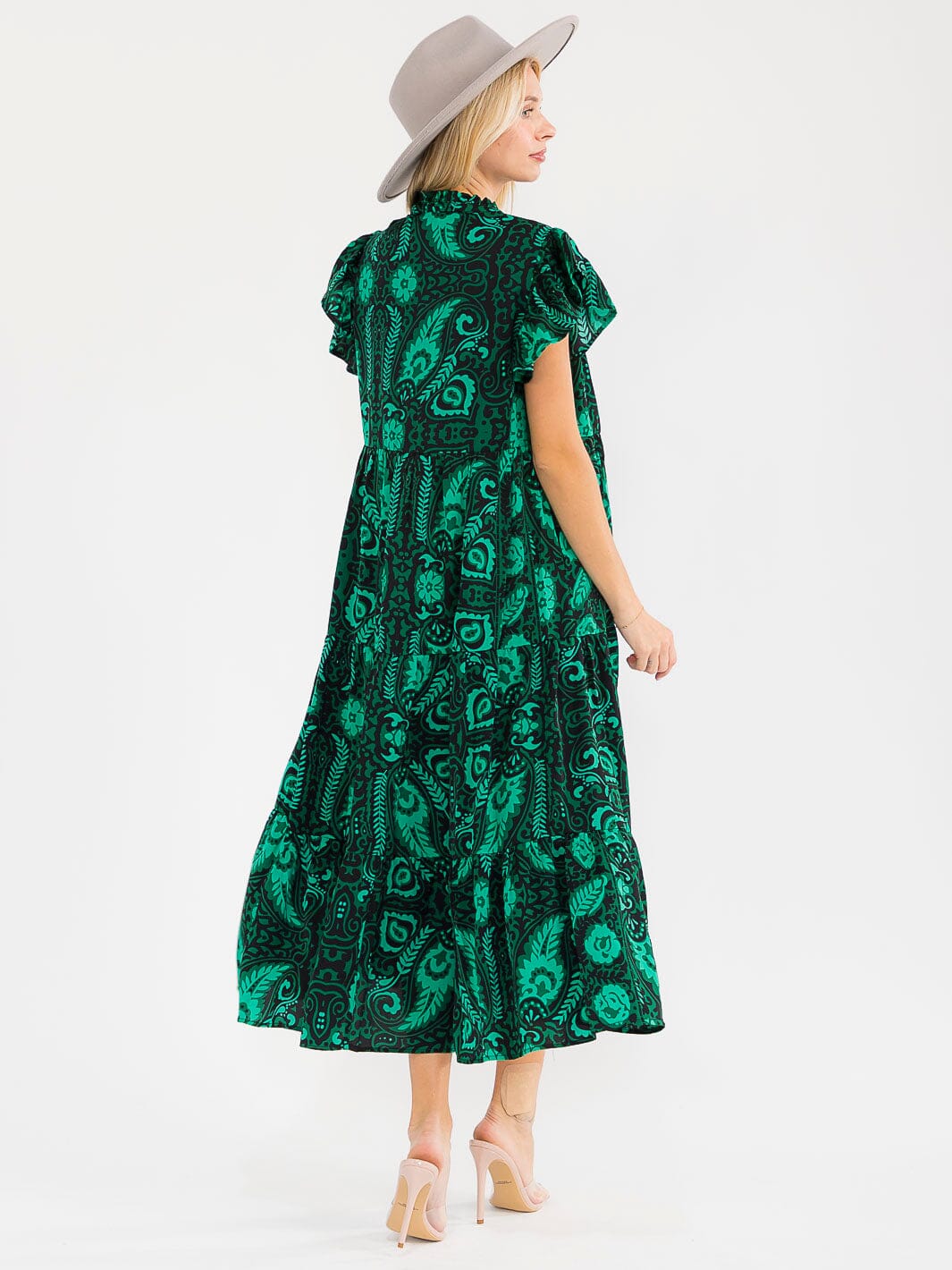 WOMEN'S SHORT RUFFLE SLEEVES V-NECK FRONT POCKETS MULTI PRINT MAXI DRESS