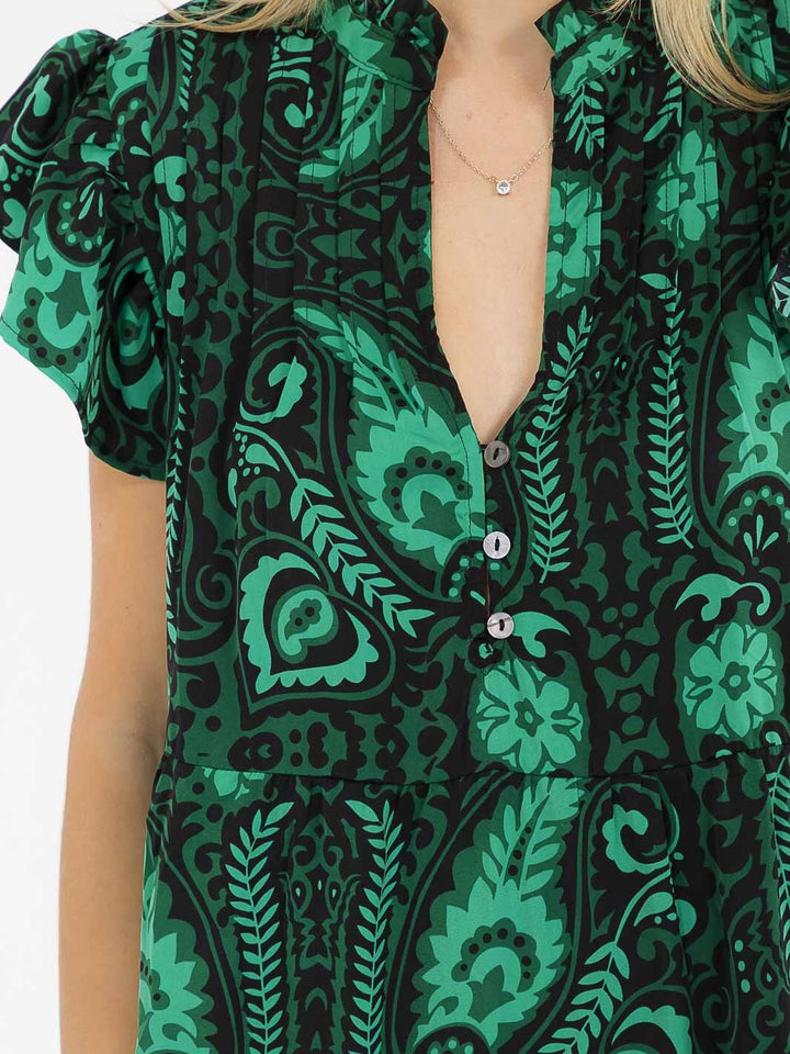 WOMEN'S SHORT RUFFLE SLEEVES V-NECK FRONT POCKETS MULTI PRINT MAXI DRESS