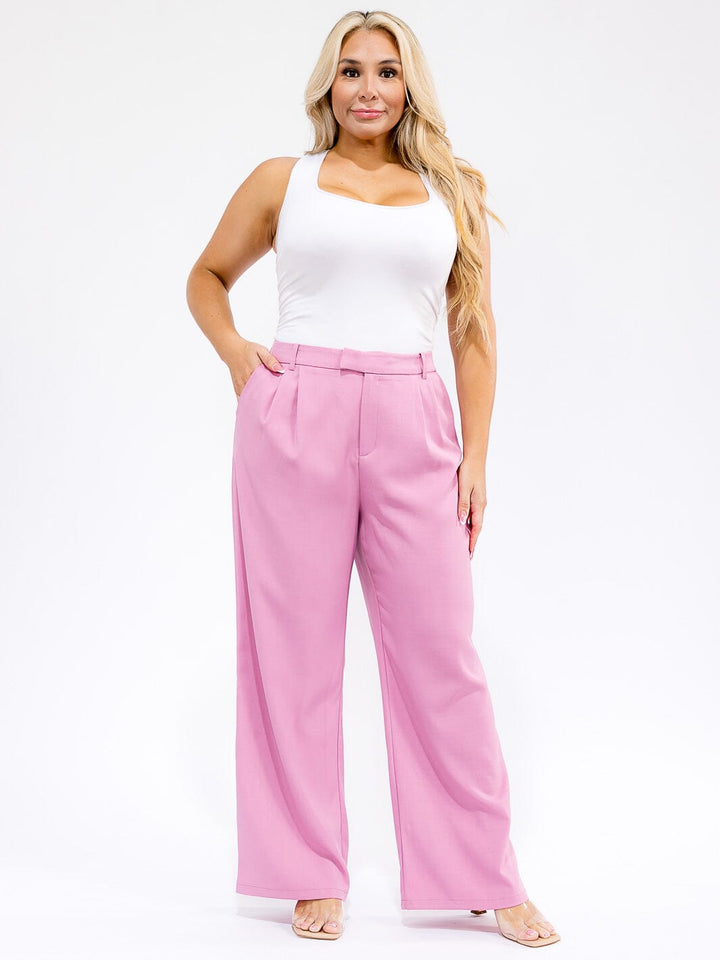 PLUS SIZE BUTTON CLOSURE POCKETS WIDE LEG PANTS