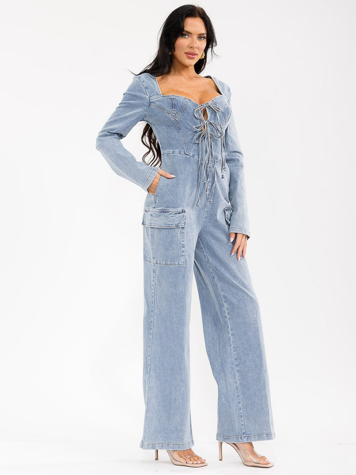 WOMEN'S LONG SLEEVE LACE UP POCKETS STRETCH DENIM WIDE LEG JUMPSUIT