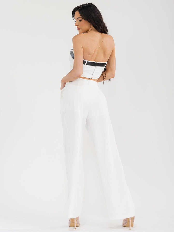 WOMEN'S SLEEVELESS CROP TOP & BUTTON CLOSURE PANTS BELTED SOLID 2PC. SET