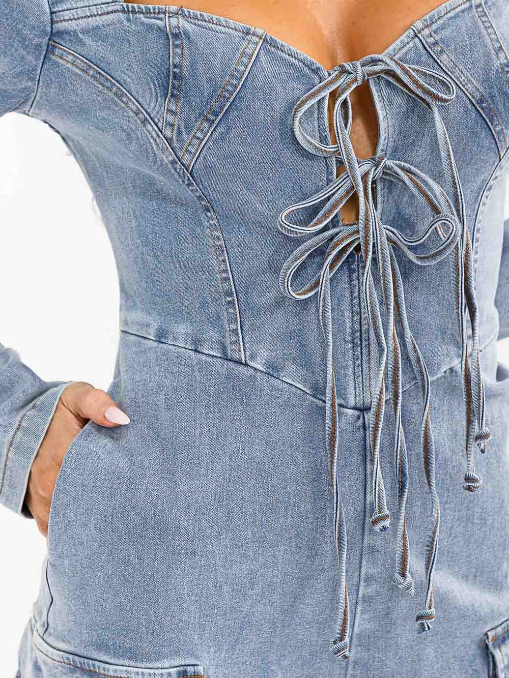 WOMEN'S LONG SLEEVE LACE UP POCKETS STRETCH DENIM WIDE LEG JUMPSUIT