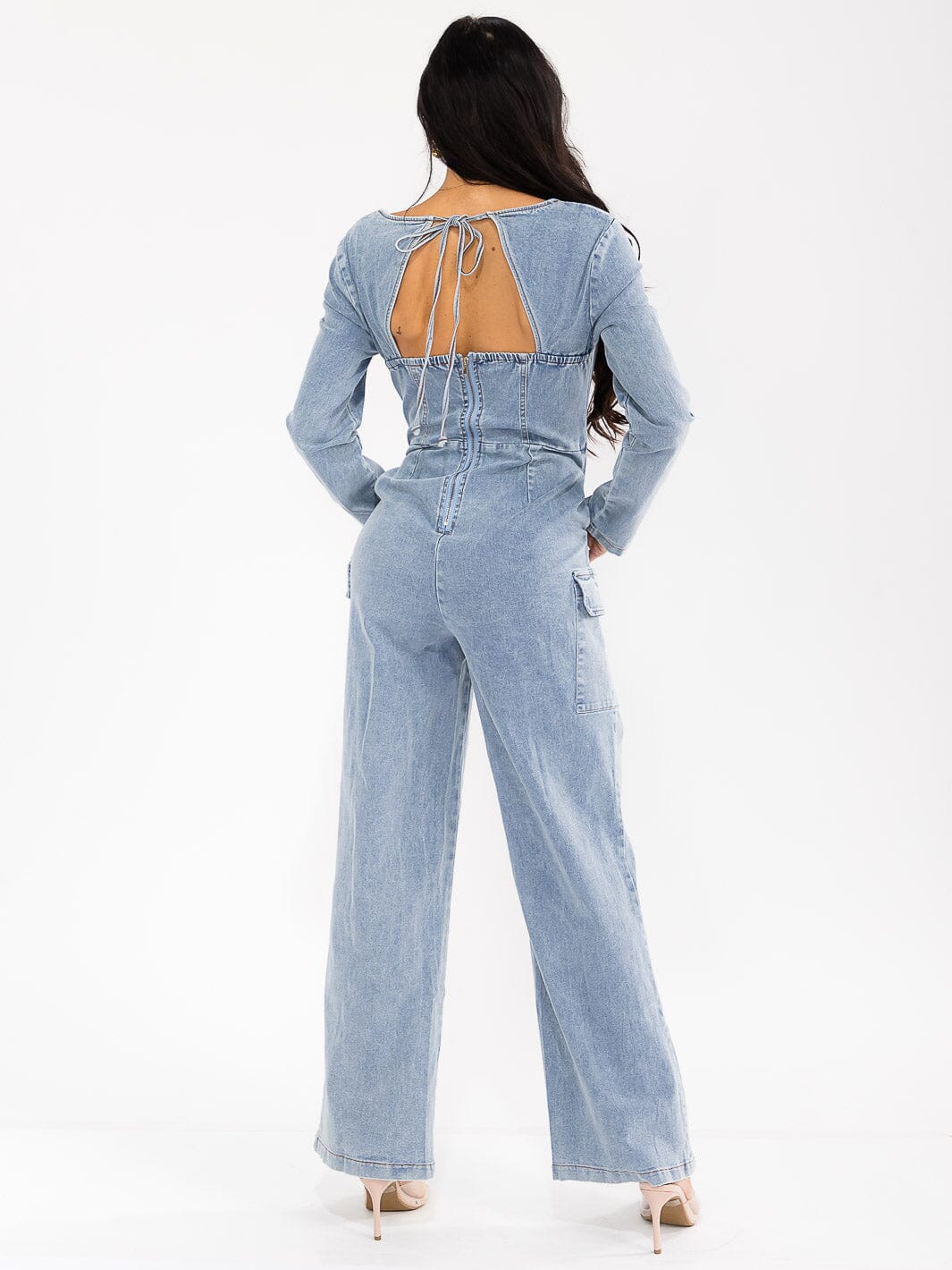 WOMEN'S LONG SLEEVE LACE UP POCKETS STRETCH DENIM WIDE LEG JUMPSUIT