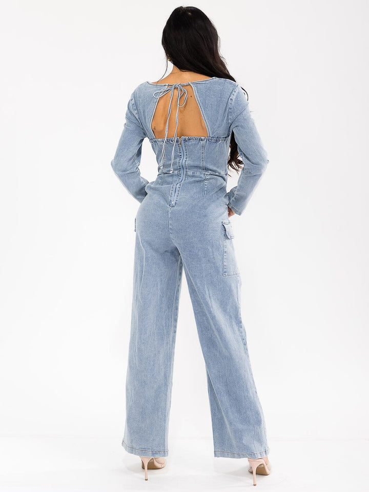 WOMEN'S LONG SLEEVE LACE UP POCKETS STRETCH DENIM WIDE LEG JUMPSUIT