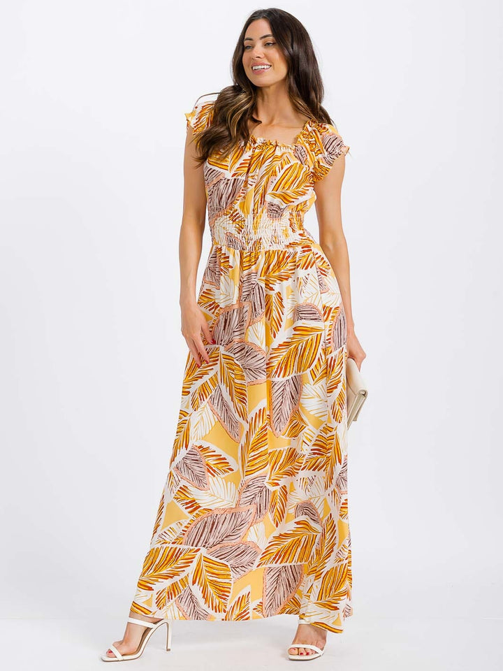 WOMEN'S SHORT SLEEVE SQUARE NECK SMOCK WAIST LEAF PRINT MAXI DRESS