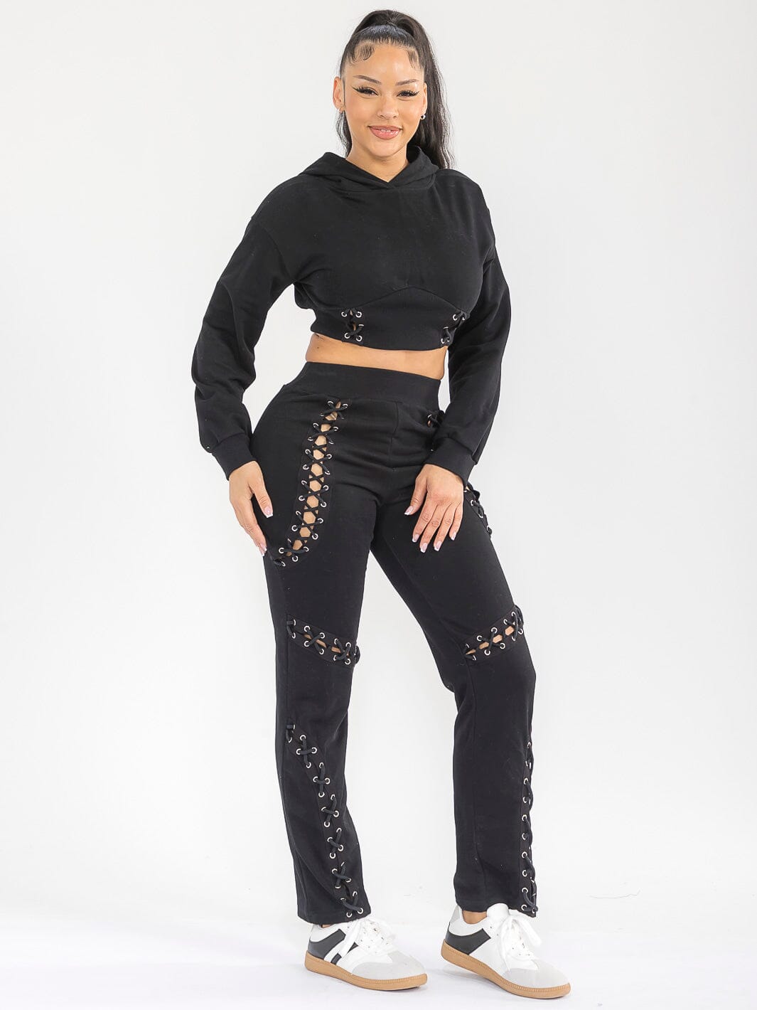 WOMEN'S LONG SLEEVE TOP & ELASTIC WAIST PANTS CUT OUT DETAILED 2PC. SET