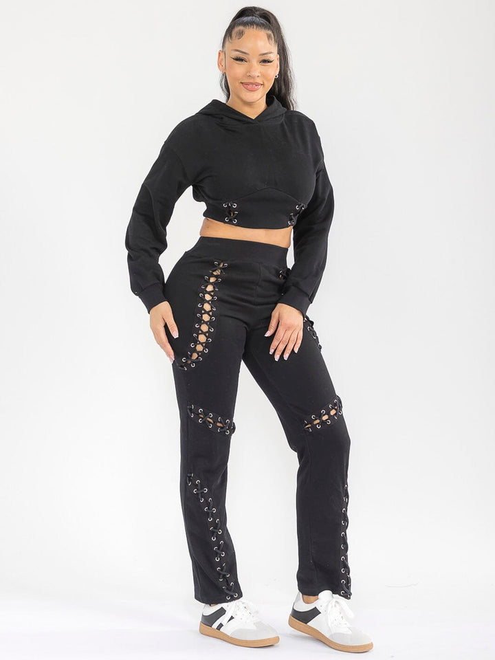 WOMEN'S LONG SLEEVE TOP & ELASTIC WAIST PANTS CUT OUT DETAILED 2PC. SET