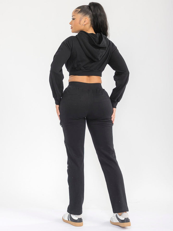 WOMEN'S LONG SLEEVE TOP & ELASTIC WAIST PANTS CUT OUT DETAILED 2PC. SET